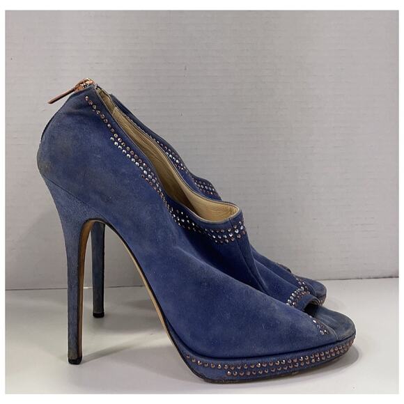 Jimmy Choo Blue Suede Silver Bronze Studded Peep Toe Booties Size EU 40 - Picture 8 of 11